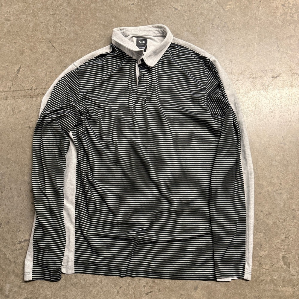 Oakley Mens XL Long Sleeve Polo Shirt Striped Colorblock Grey Black Regular Fit